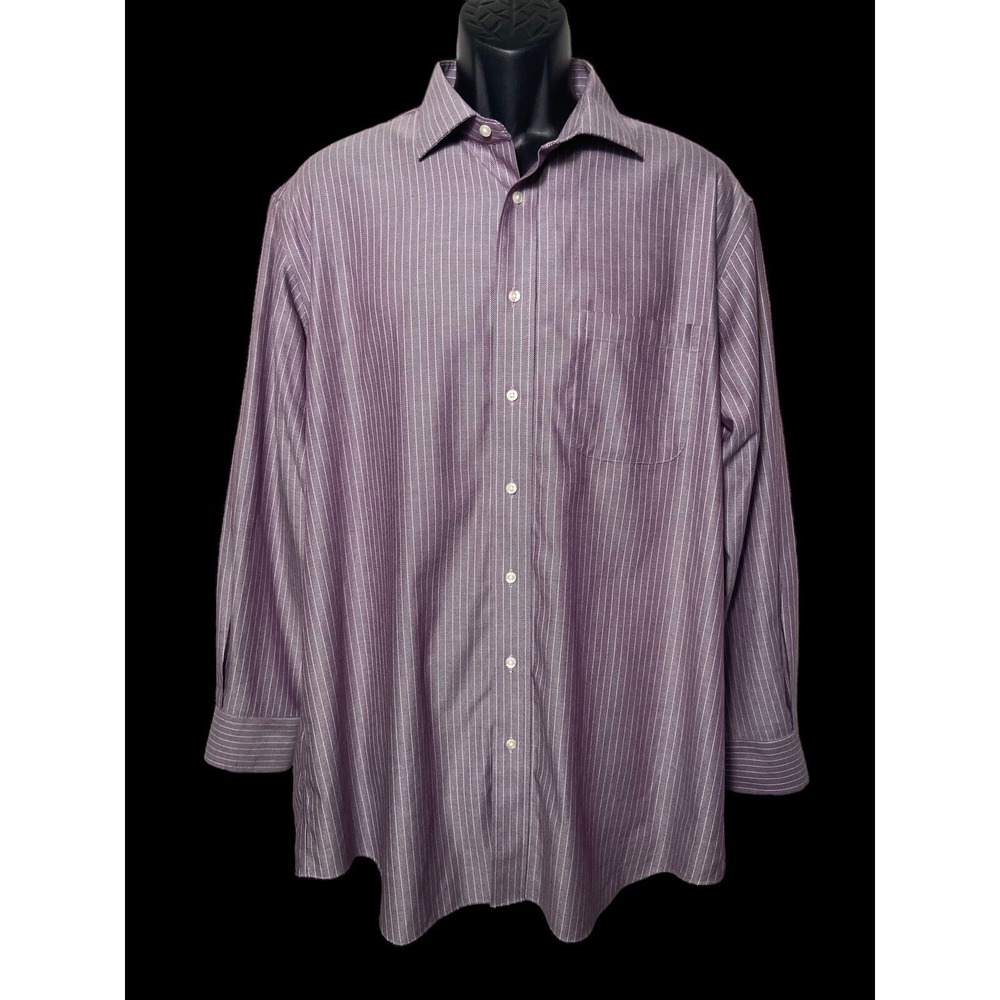 Paul Fredrick Mens Dress Shirt Size 17-34 Purple Stripe Long Sleeve Barrel Cuffs